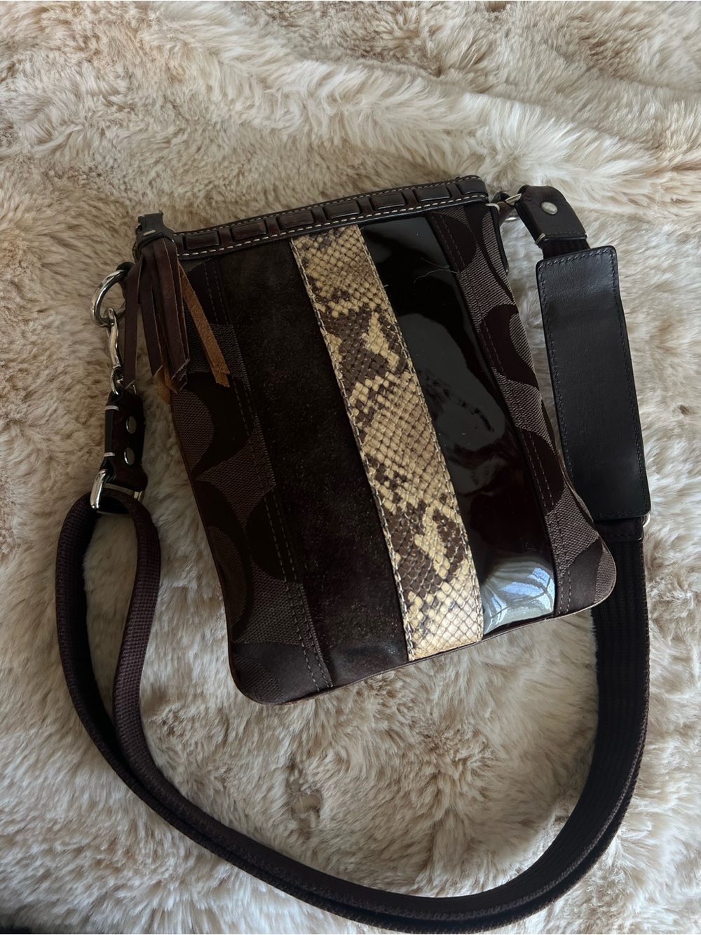 Coach Dark Brown Crossbody with Snake-Print Center Stripe